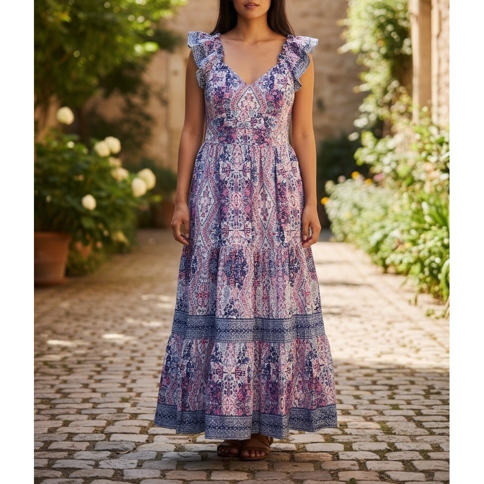 Caroline Constas Maxi Dress Women Medium Pink Blue Floral Ruffle Sleeves Boho